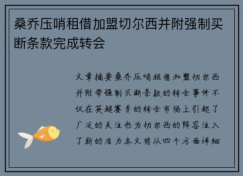 桑乔压哨租借加盟切尔西并附强制买断条款完成转会