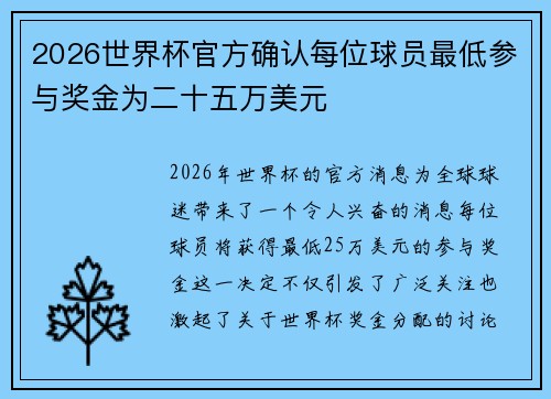 2026世界杯官方确认每位球员最低参与奖金为二十五万美元